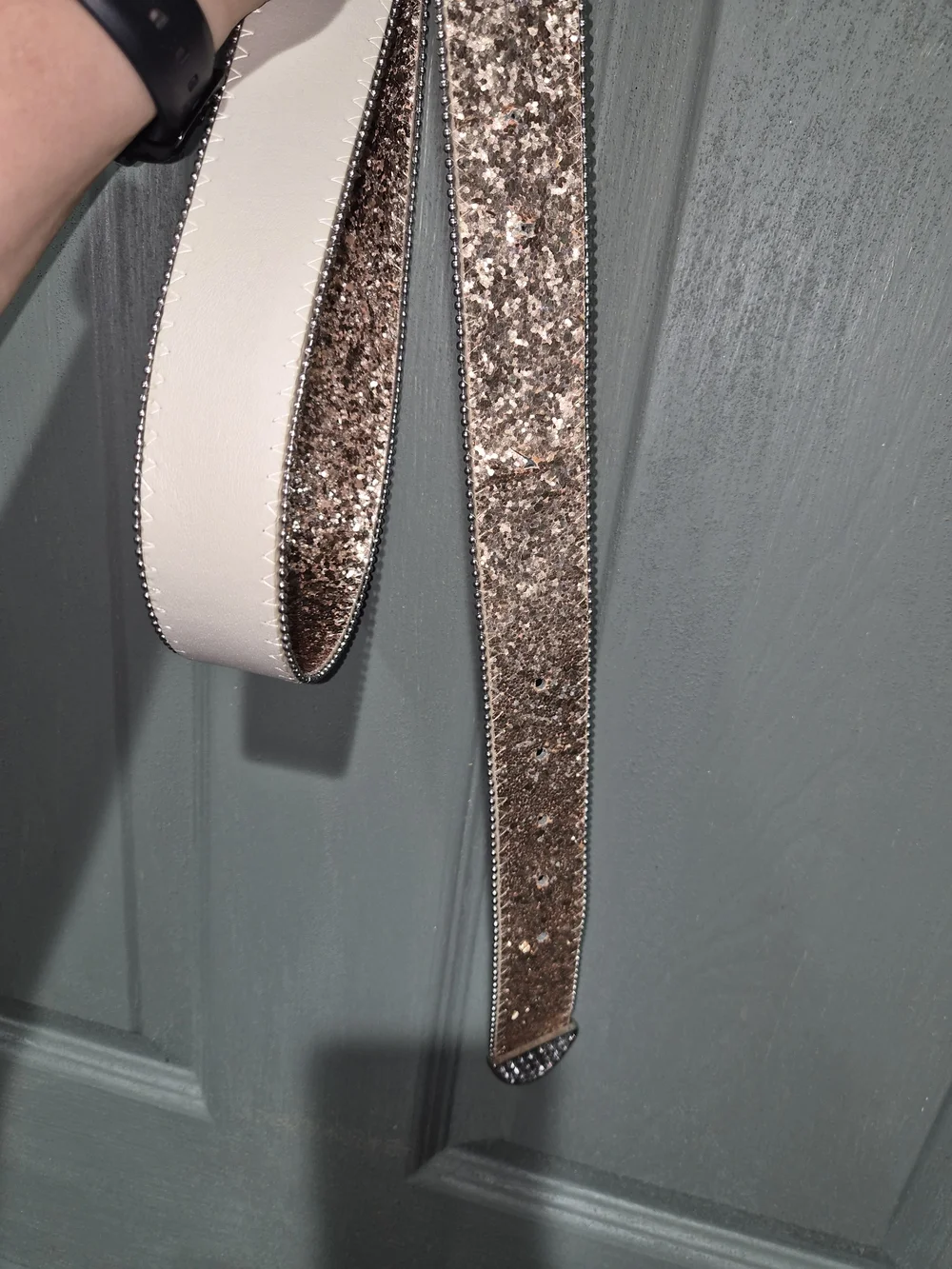 Rhinestone Buckle Glitter Leather Belt - Rose Gold